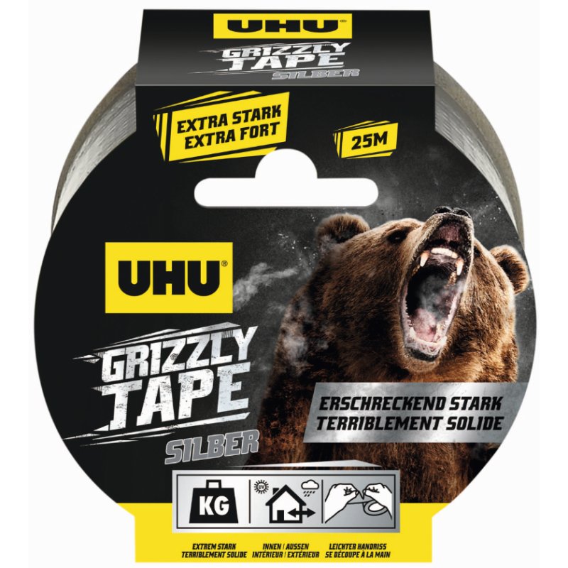 UHU Grizzly Tape weefselband, zilver, 49 mm × 25 m