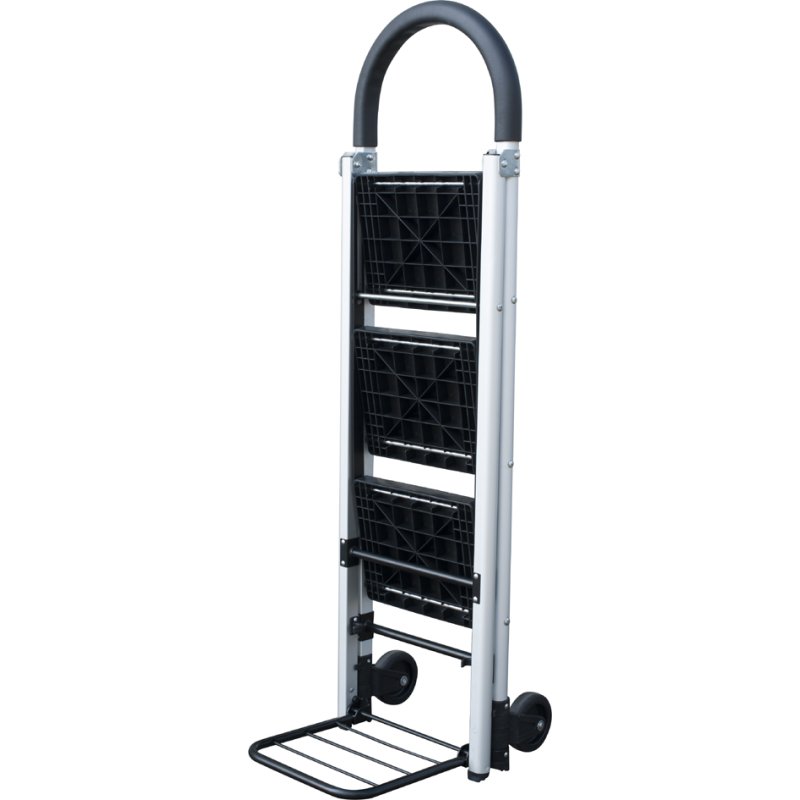 Pavo folding step ladder/stacker truck, silver/black, 3 steps, aluminium, 120 kg