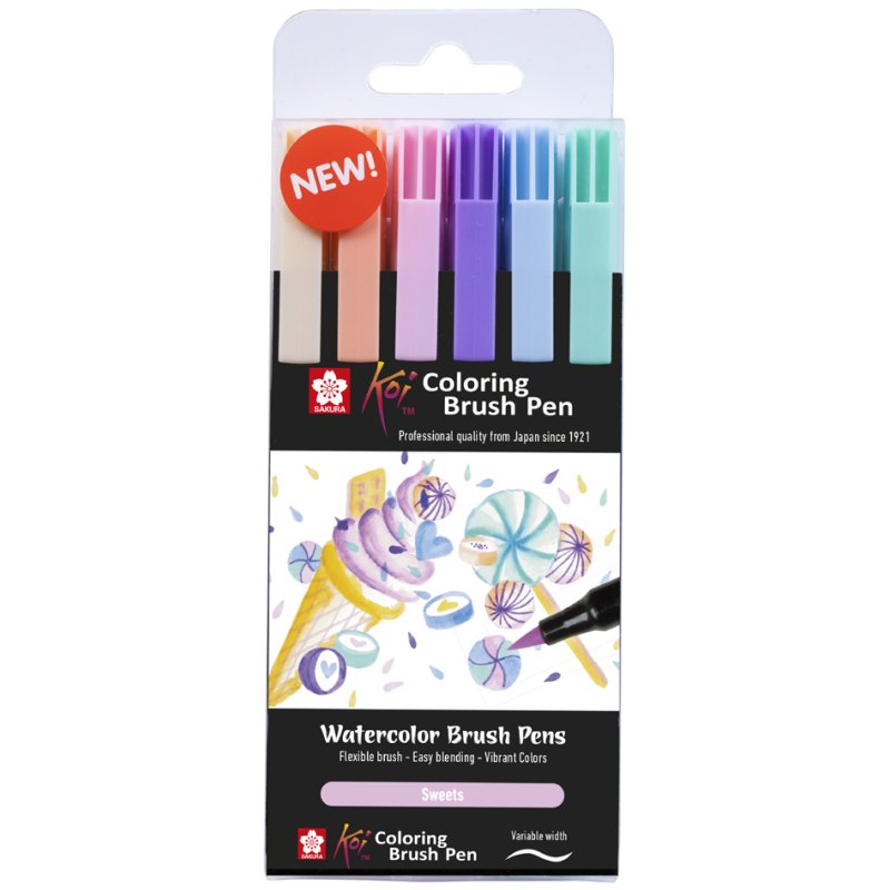 SAKURA Koi pinceaux pointe pinceau Sweets, 6 couleurs douces, pointe nylon flexible, 6 pièces