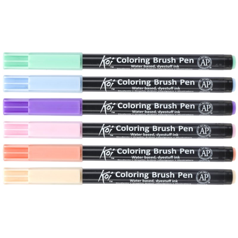 SAKURA Koi pinceaux pointe pinceau Sweets, 6 couleurs douces, pointe nylon flexible, 6 pièces