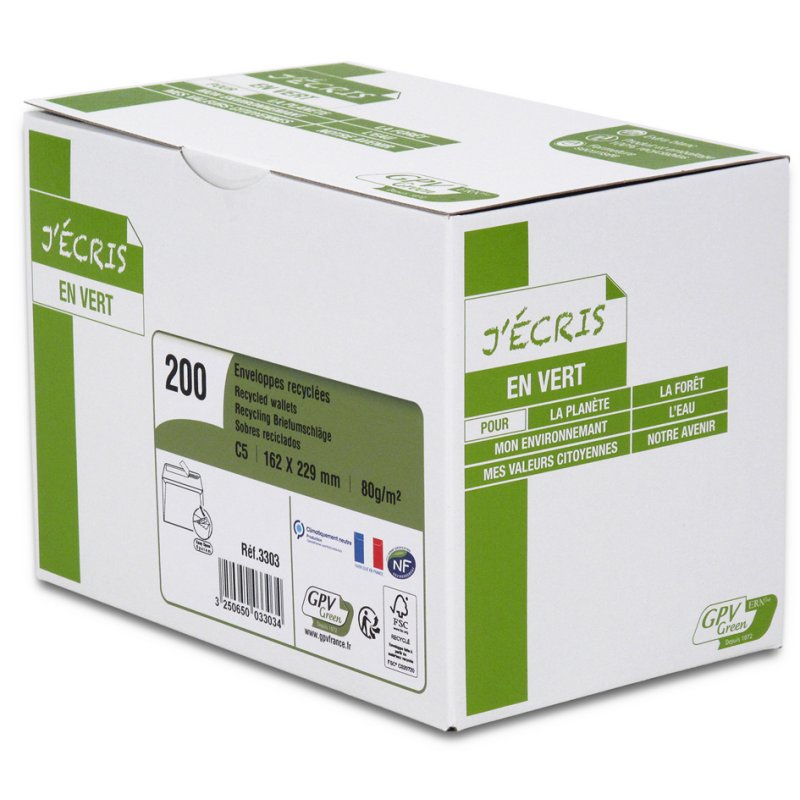 GPV enveloppes ERAPure C5, 162×229 mm, blanc recyclé, 200 pièces