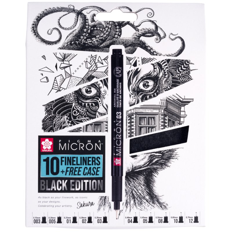 SAKURA Pigma Micron fineliners, permanent ink, felt case