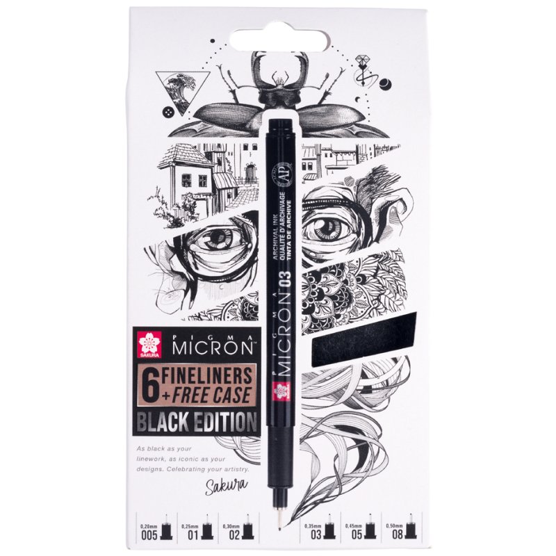 SAKURA Pigma Micron fineliners, permanent ink, felt case