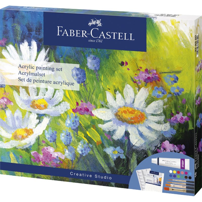 Faber-Castell set de peinture acrylique, 18 pièces, 12 tubes de 9 ml, résistant à l'eau