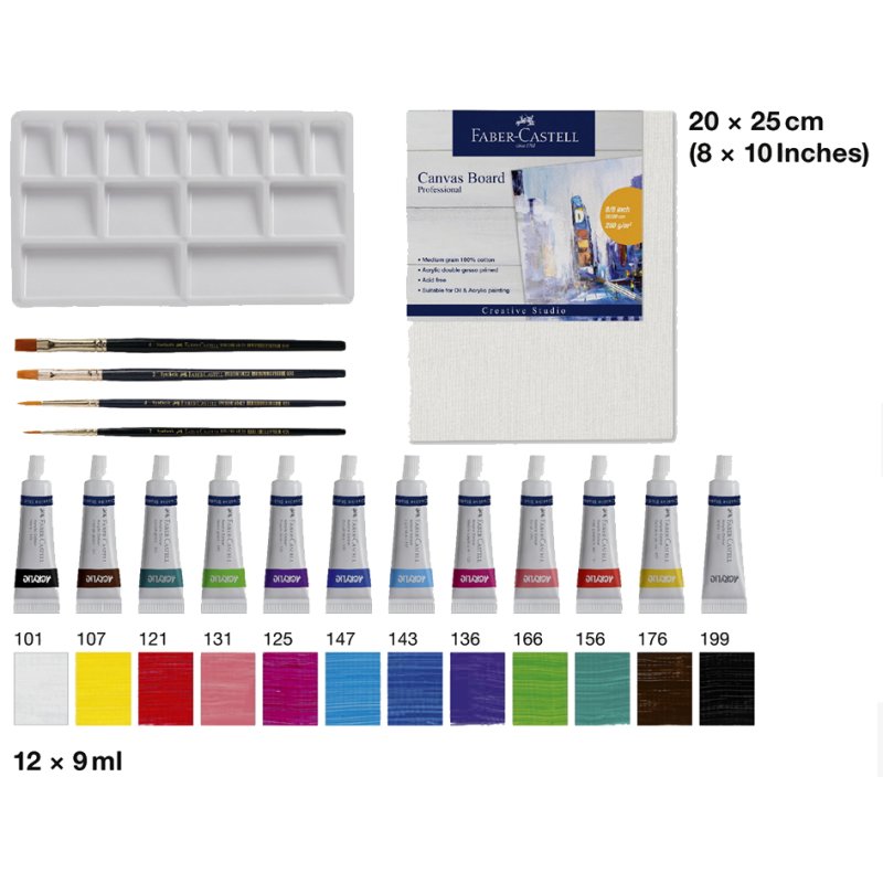 Faber-Castell set de peinture acrylique, 18 pièces, 12 tubes de 9 ml, résistant à l'eau
