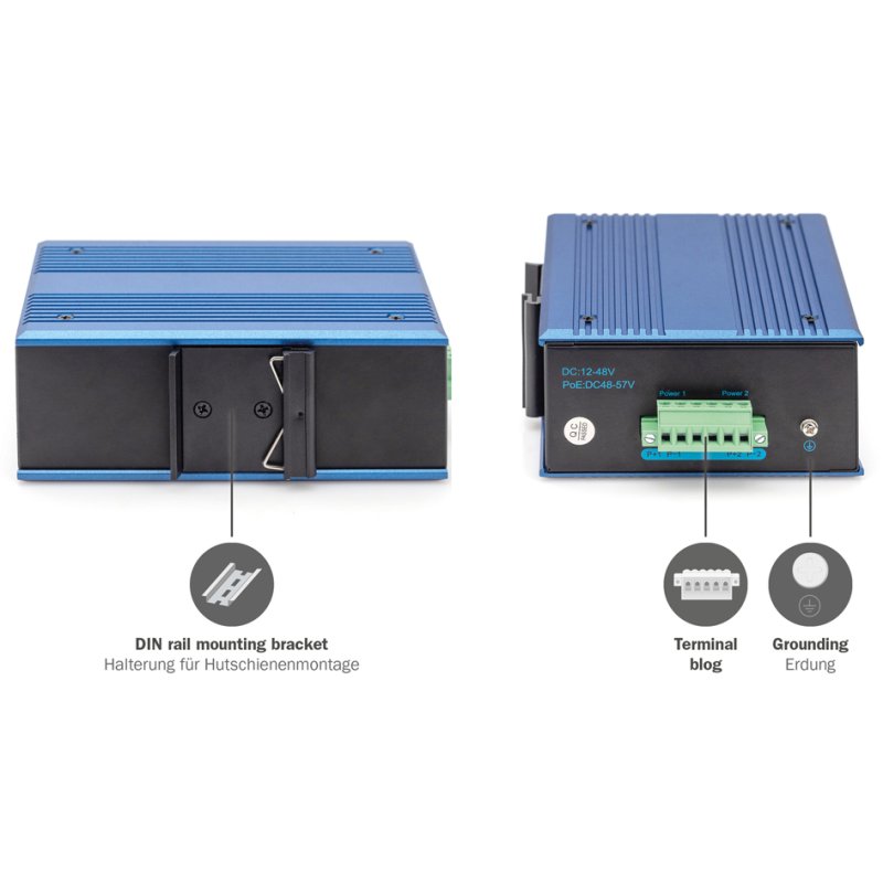 DIGITUS commutateur ethernet gigabit industriel, 4+2 ports, IP40, montage sur rail DIN
