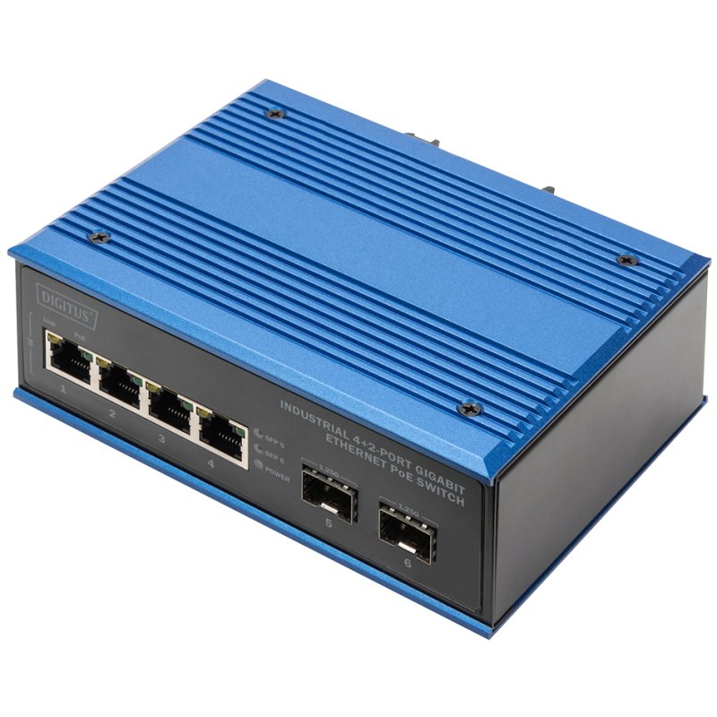 DIGITUS industrial Gigabit Ethernet PoE switch, 4+2 ports, IP40, DIN-rail mounting
