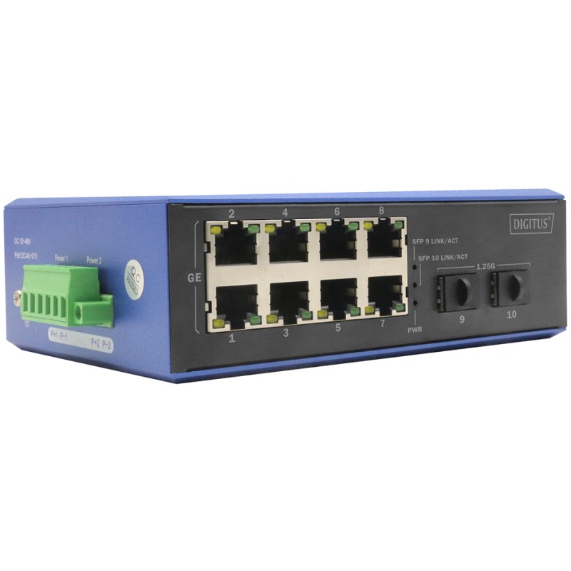 DIGITUS industrial Gigabit Ethernet switch, 8+2 ports, 20 Gbps, DIN-rail mounting