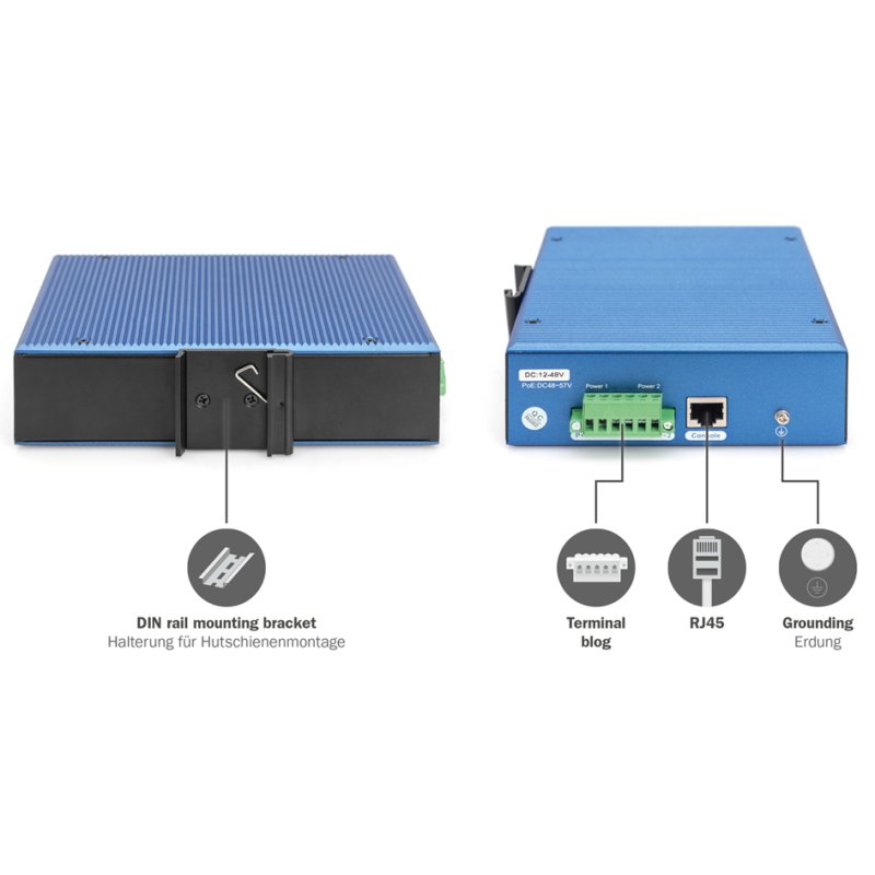 DIGITUS industrial Gigabit Ethernet PoE switch, L3 managed, 8x GE RJ45 + 4 SFP+, IP40