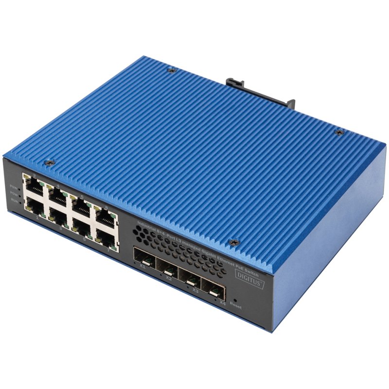 DIGITUS industrial Gigabit Ethernet PoE switch, L3 managed, 8x GE RJ45 + 4 SFP+, IP40
