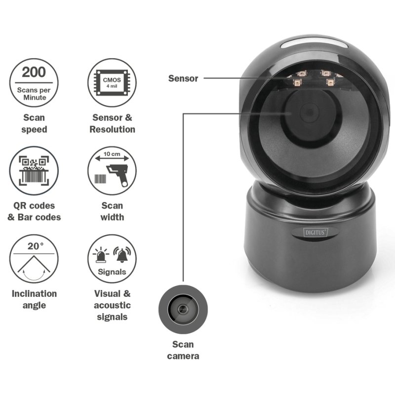DIGITUS scanner de code-barres USB de bureau 1D/2D, noir, 200 scans/s, câble 1,4 m