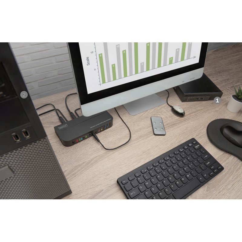 DIGITUS commutateur KVM de bureau avec hub USB, 2 connexions, 4K60Hz, noir