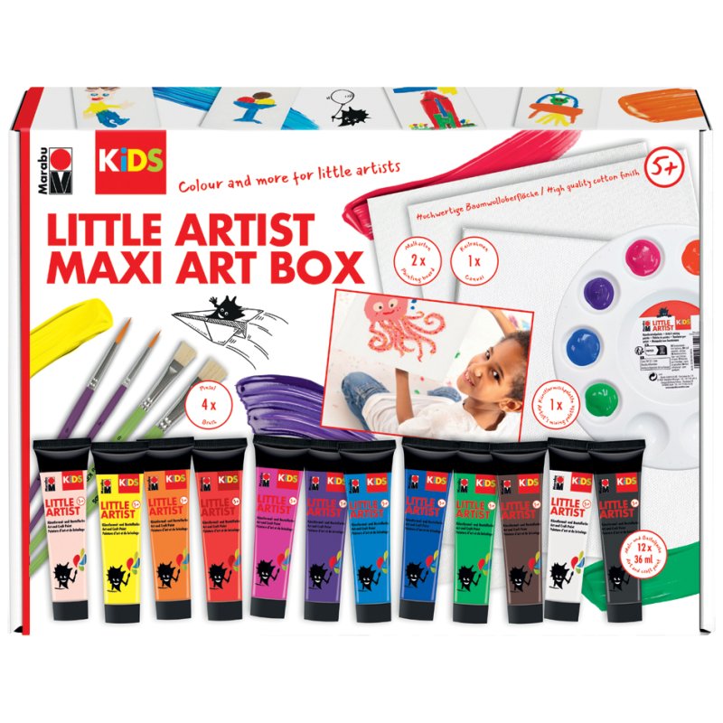 Marabu KiDS kunstdoos Kleine Kunstenaar, 12×36 ml verf, keilrahmen 20×20 cm