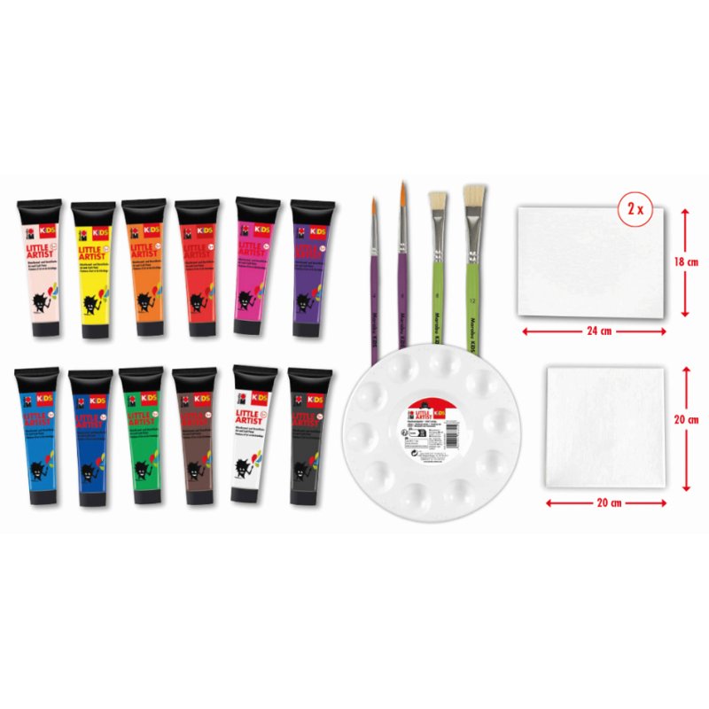 Marabu KiDS kunstdoos Kleine Kunstenaar, 12×36 ml verf, keilrahmen 20×20 cm