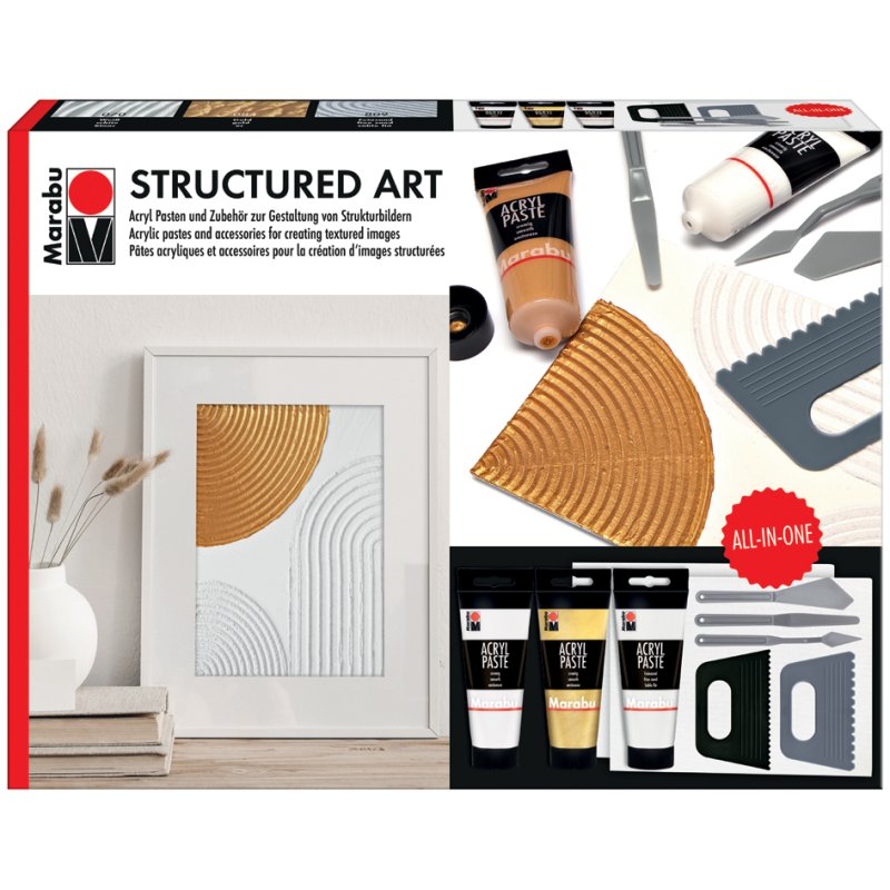 Marabu acrylpasta set Structured Art, 3x 100 ml, wit/goud/feinsand