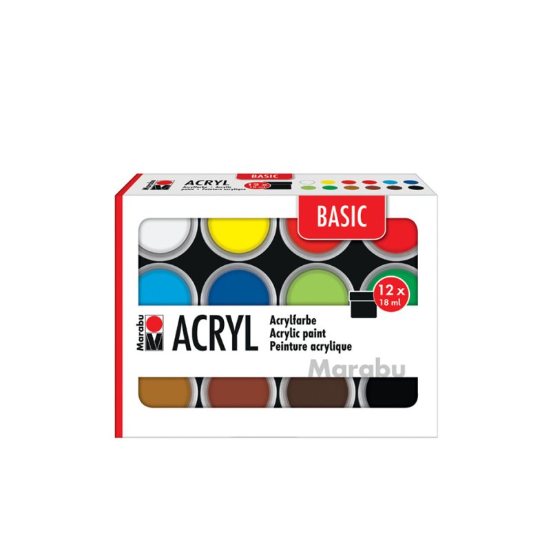 Marabu acrylverf set BASIC, 12 kleuren, 12 × 18 ml