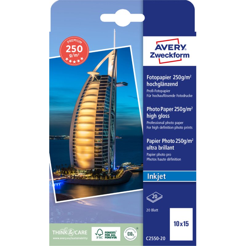 AVERY Zweckform fotopapier premium, inkjet, 10×15 cm, wit hoogglans, 20 vel