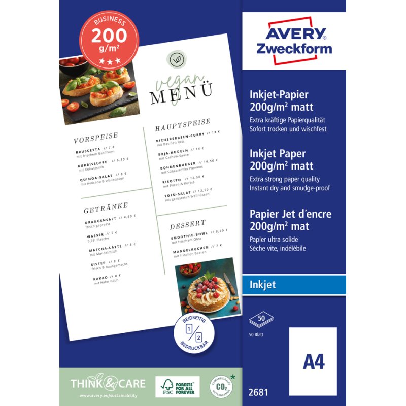 AVERY Zweckform inkjetpapier A4, mat dubbelzijdig, 200 g/m², 50 vel