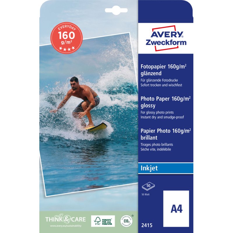 AVERY Zweckform inkjet fotopapier A4, wit glanzend, 180 g/m², 100 vel