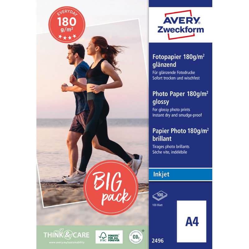AVERY Zweckform inkjet fotopapier A4, wit glanzend, 180 g/m², 100 vel