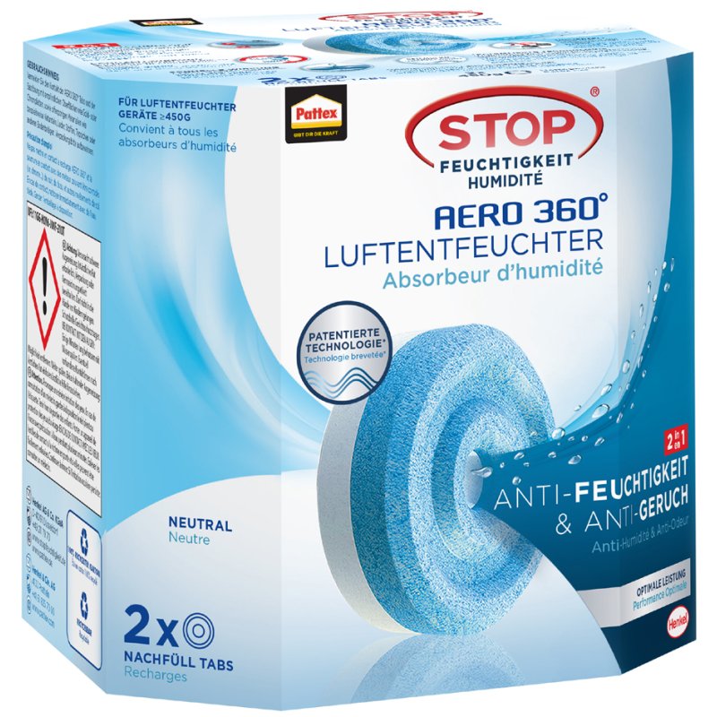 Pattex recharges AERO 360° Neutral, 2 x 450 g, pour espaces jusqu'à 50 m³