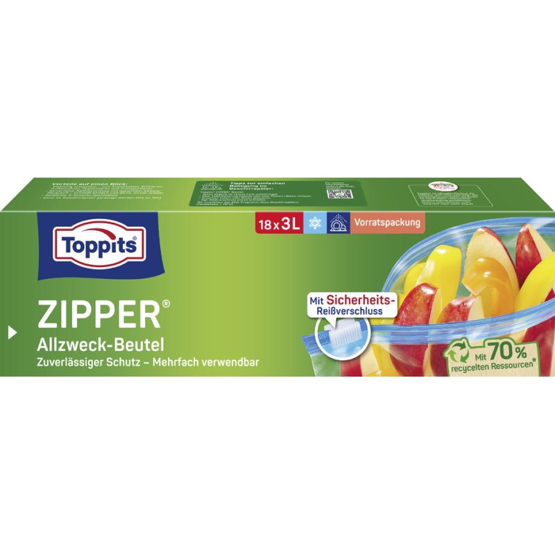 TOPPITS allzweckzakken met ritssluiting, transparant, 3 liter, 18 stuks