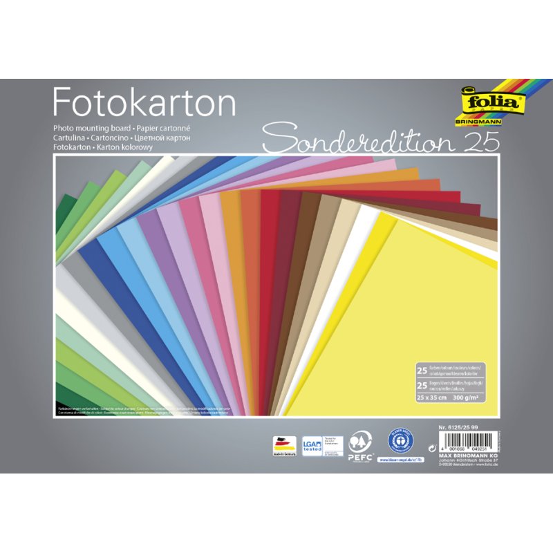 folia carton photo, 250×350 mm, 300 g/m², 25 couleurs assorties
