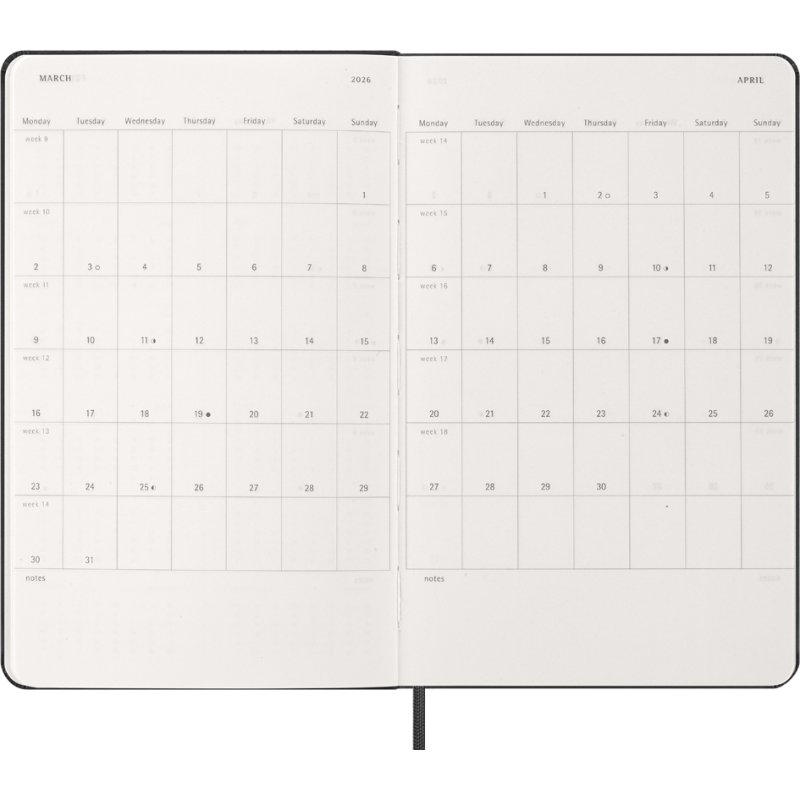 Moleskine agenda hebdomadaire 2026, L/A5, couverture rigide, noir