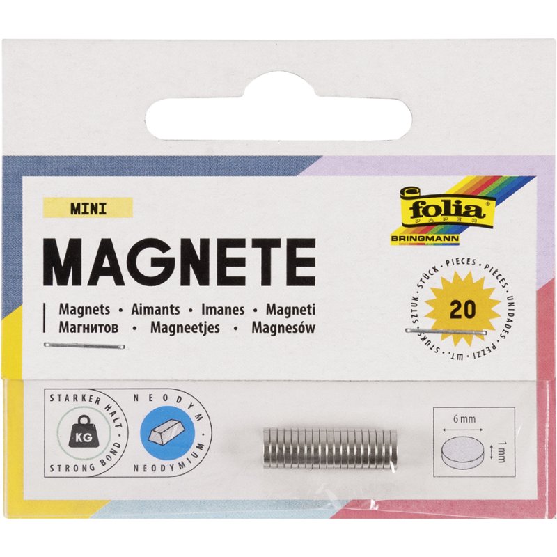 folia mini neodymium magneten, 6 mm × 1 mm, zilver, 20 stuks