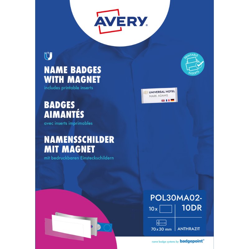 AVERY Zweckform badge nominatif, magnétique, anthracite, 70×30 mm, 20 pièces
