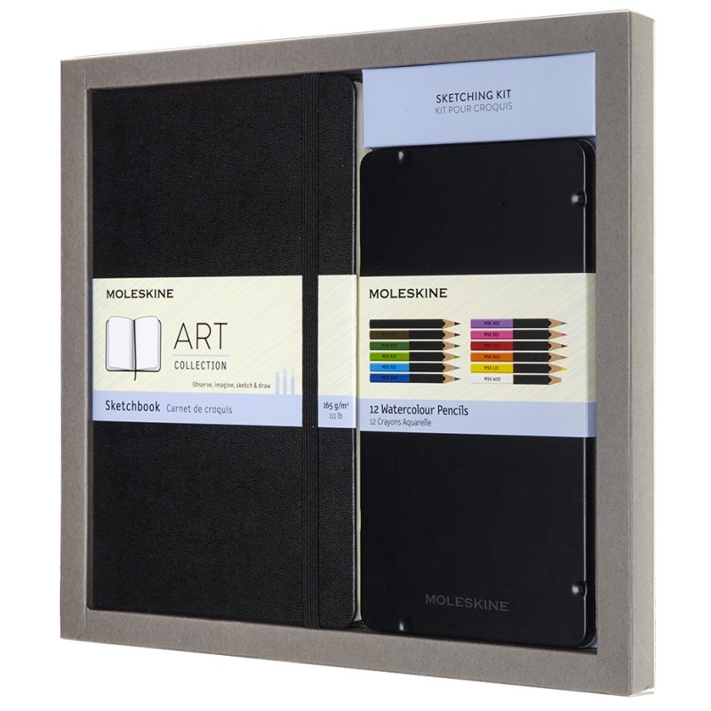 Moleskine schetsset aquarel, zwart, A5 schetsboek + 12 potloden, 52 vel
