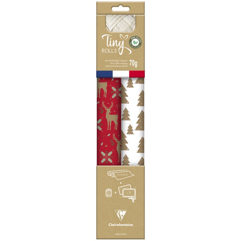 Clairefontaine set papier cadeau Tiny Rolls, blanc/noir, 350 mm × 5 m, 2 rouleaux + ruban