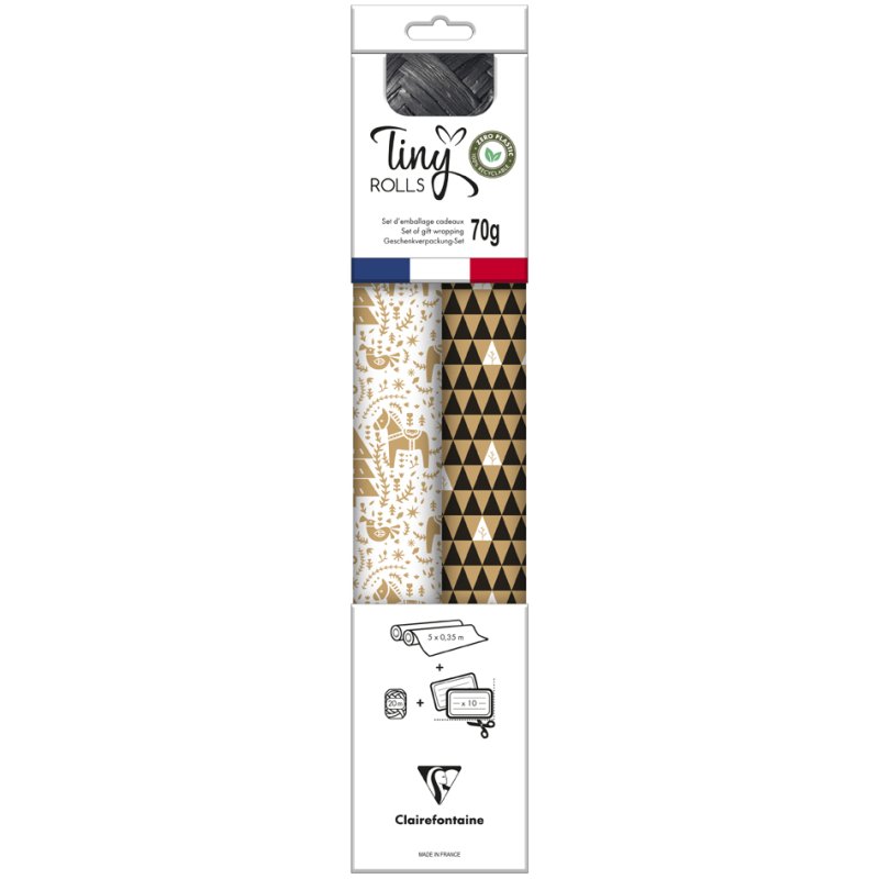 Clairefontaine set papier cadeau Tiny Rolls, blanc/noir, 350 mm × 5 m, 2 rouleaux + ruban