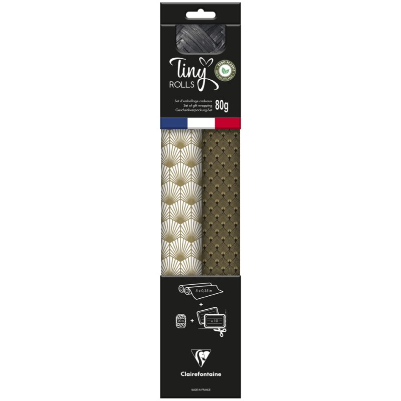 Clairefontaine set papier cadeau Tiny Rolls, bleu/or, motif étoiles, 2 rouleaux + ruban