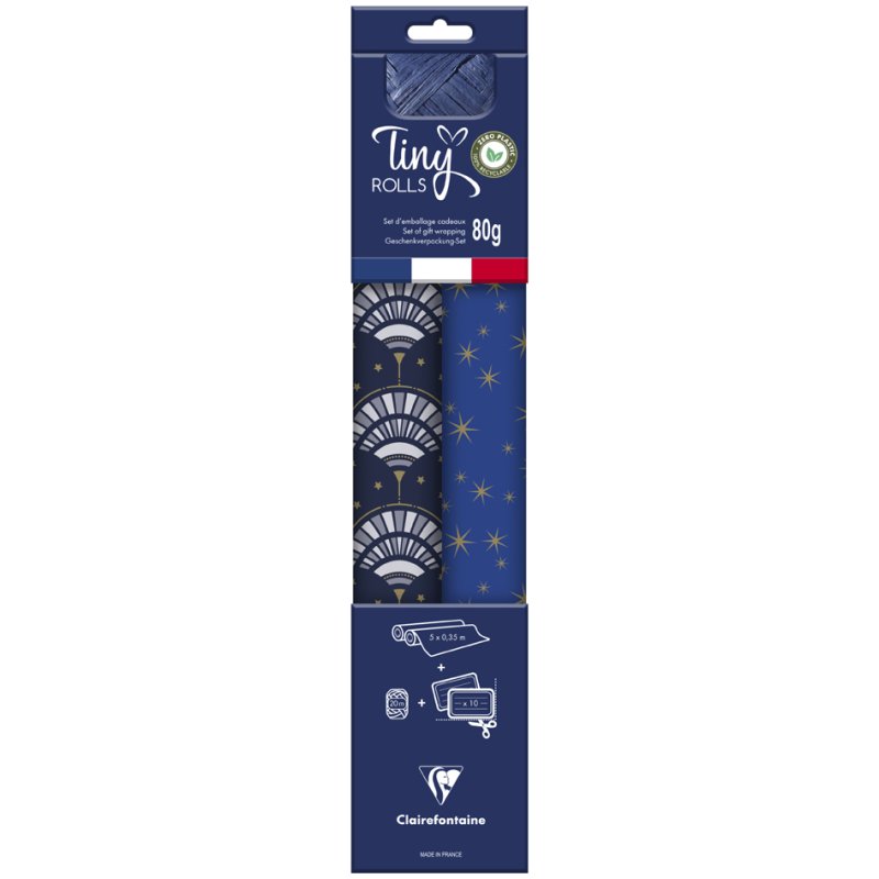 Clairefontaine set papier cadeau Tiny Rolls, bleu/or, motif étoiles, 2 rouleaux + ruban