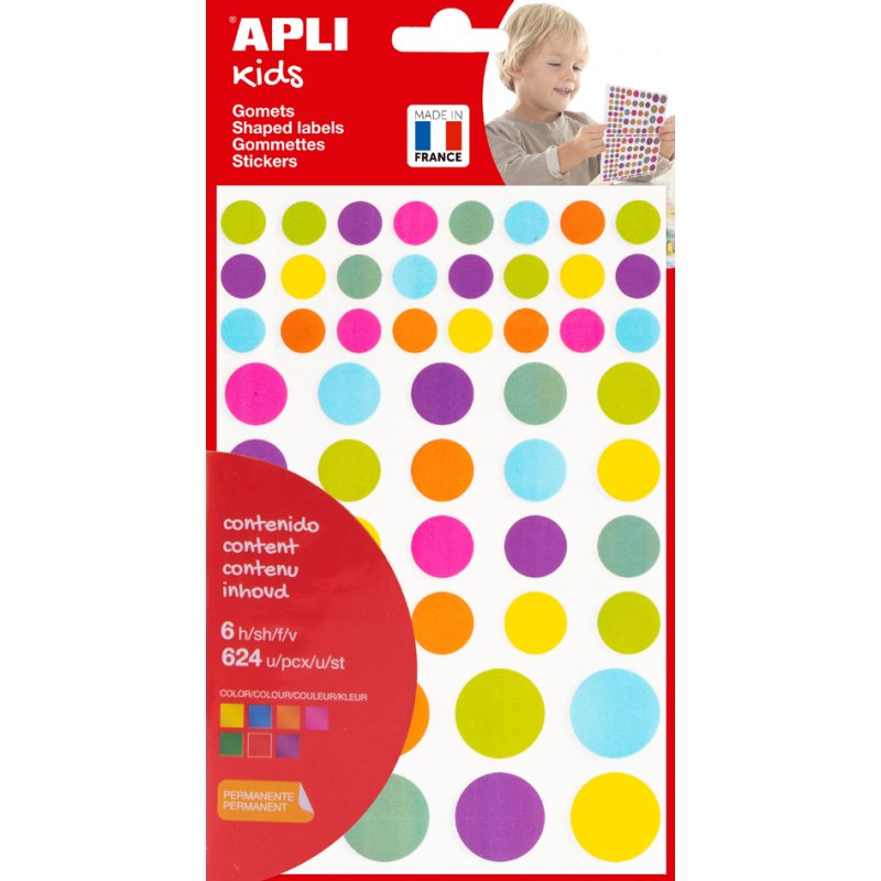 APLI Kids stickers hart, herbruikbaar, verschillende kleuren, 6 vel met 624 stuks