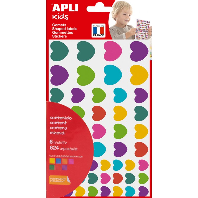 APLI Kids stickers hart, herbruikbaar, verschillende kleuren, 6 vel met 624 stuks