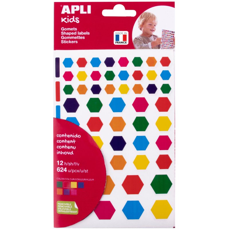 APLI Kids stickers hart, herbruikbaar, verschillende kleuren, 6 vel met 624 stuks
