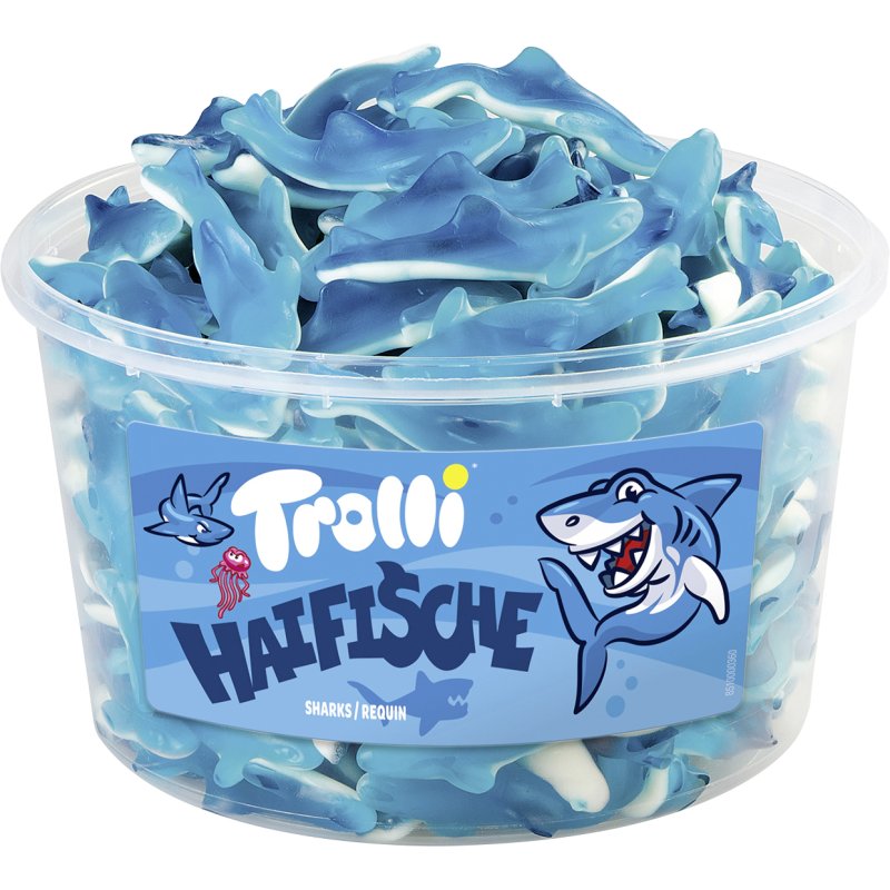 Trolli requins bonbons fruités, bleu avec base de sucre mouche, boîte ronde 1,2 kg