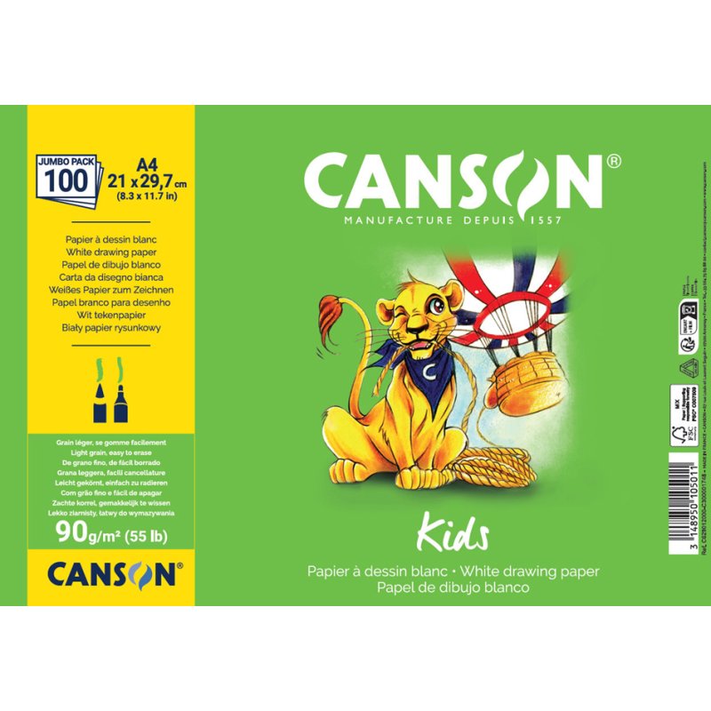 CANSON papier dessin Kids A4, blanc, 90 g/m², 100 feuilles
