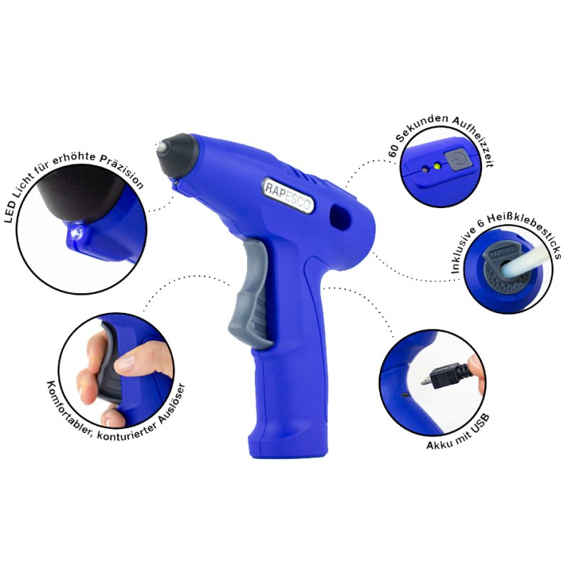 RAPESCO Germ-Savvy G4-7 glue gun, cordless, antibacterial, blue