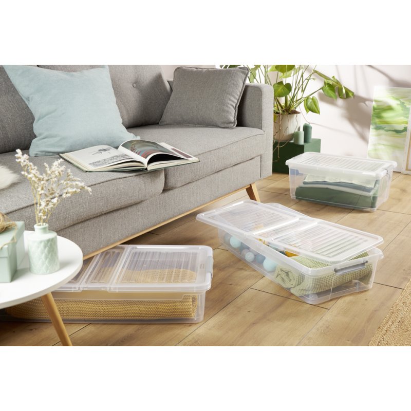 keeeper boîte de rangement leo, transparent, 74 litres, avec couvercle et fermeture à clip