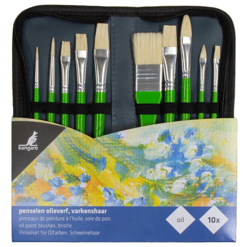 Kangaro oil paint brush set, 10-piece, green handle, in case