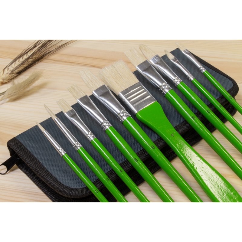 Kangaro oil paint brush set, 10-piece, green handle, in case