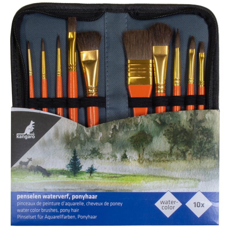 Kangaro ensemble de pinceaux aquarelle, 10 pièces, crin de poney, manche orange