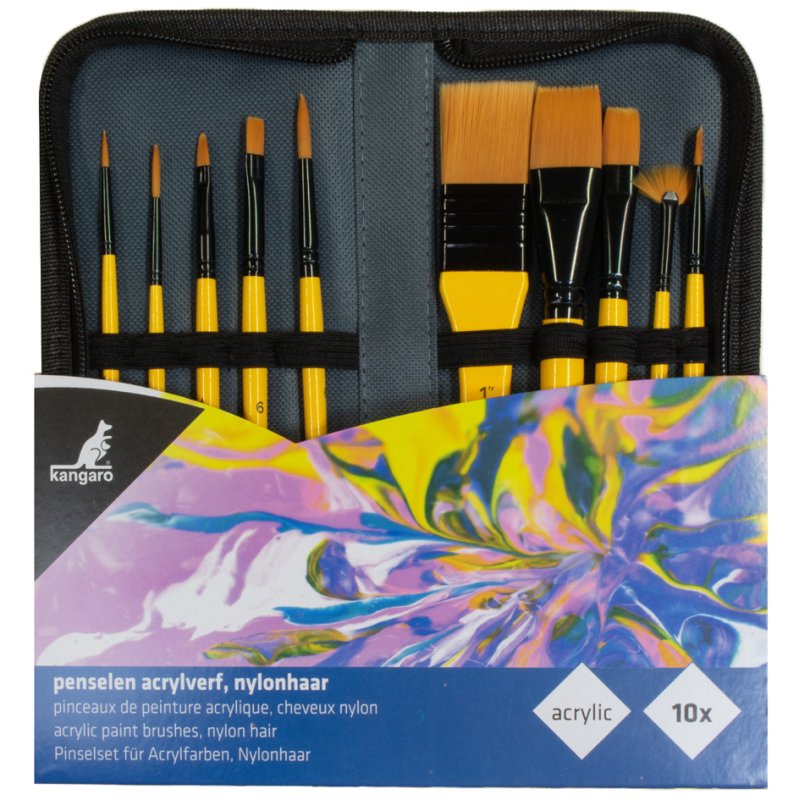 Kangaro acrylic brush set, 10-piece, nylon hair, yellow handle