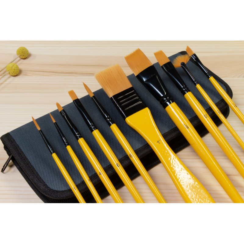 Kangaro acrylic brush set, 10-piece, nylon hair, yellow handle