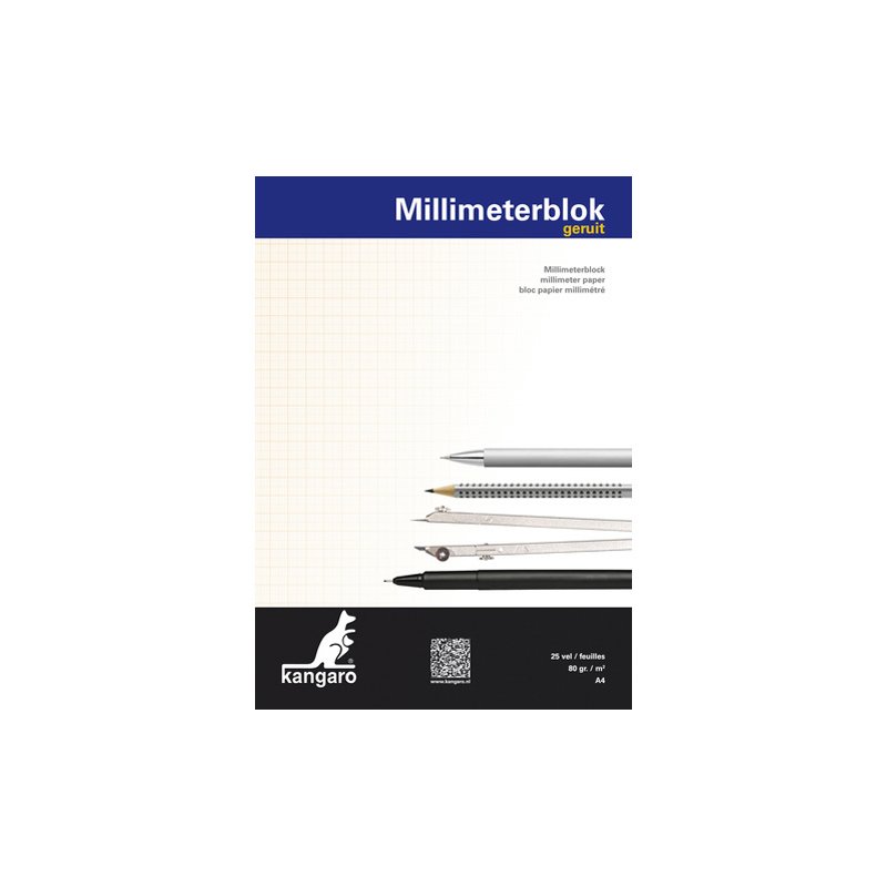 Kangaro millimeterpapier blok A3, wit/oranje, 80 g/m², 25 vel