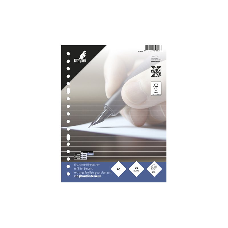 Kangaro ring binder insert sheets, white, ruled, 17-hole