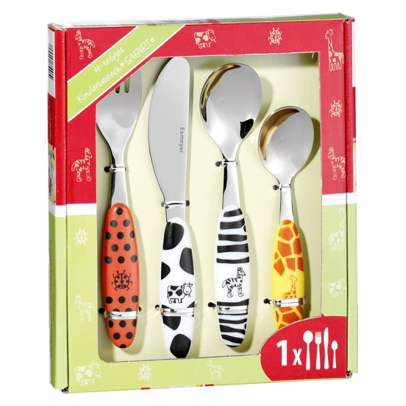 Esmeyer kinderbestek Safari, 4-delig, RVS 18/0, kleurrijke dierenmotieven